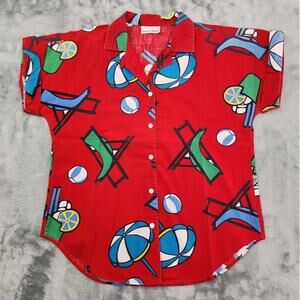 Vintage 80s Laura Mae Top Womens M Red Short Sleeve Button Front Summer Beach